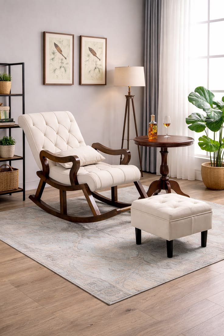 Modern Teakwood rocking chair with leg rest